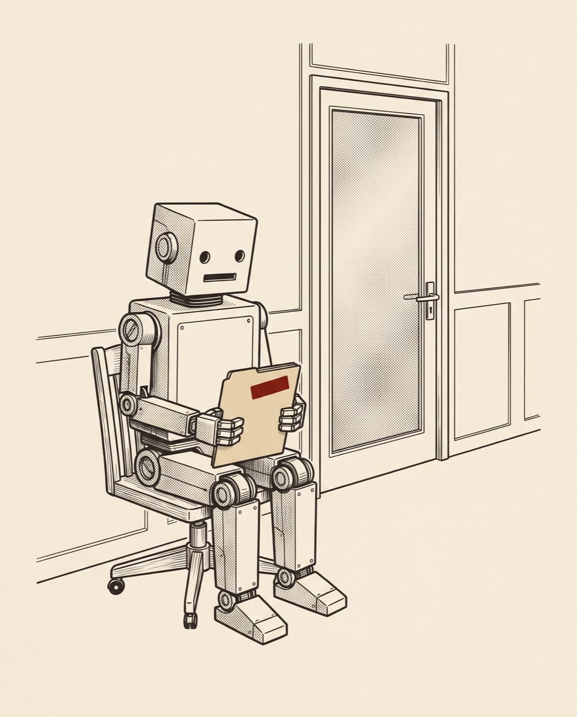 Engraved illustration of a boxy robot waiting on a chair outside an office door, holding a stamped personnel folder